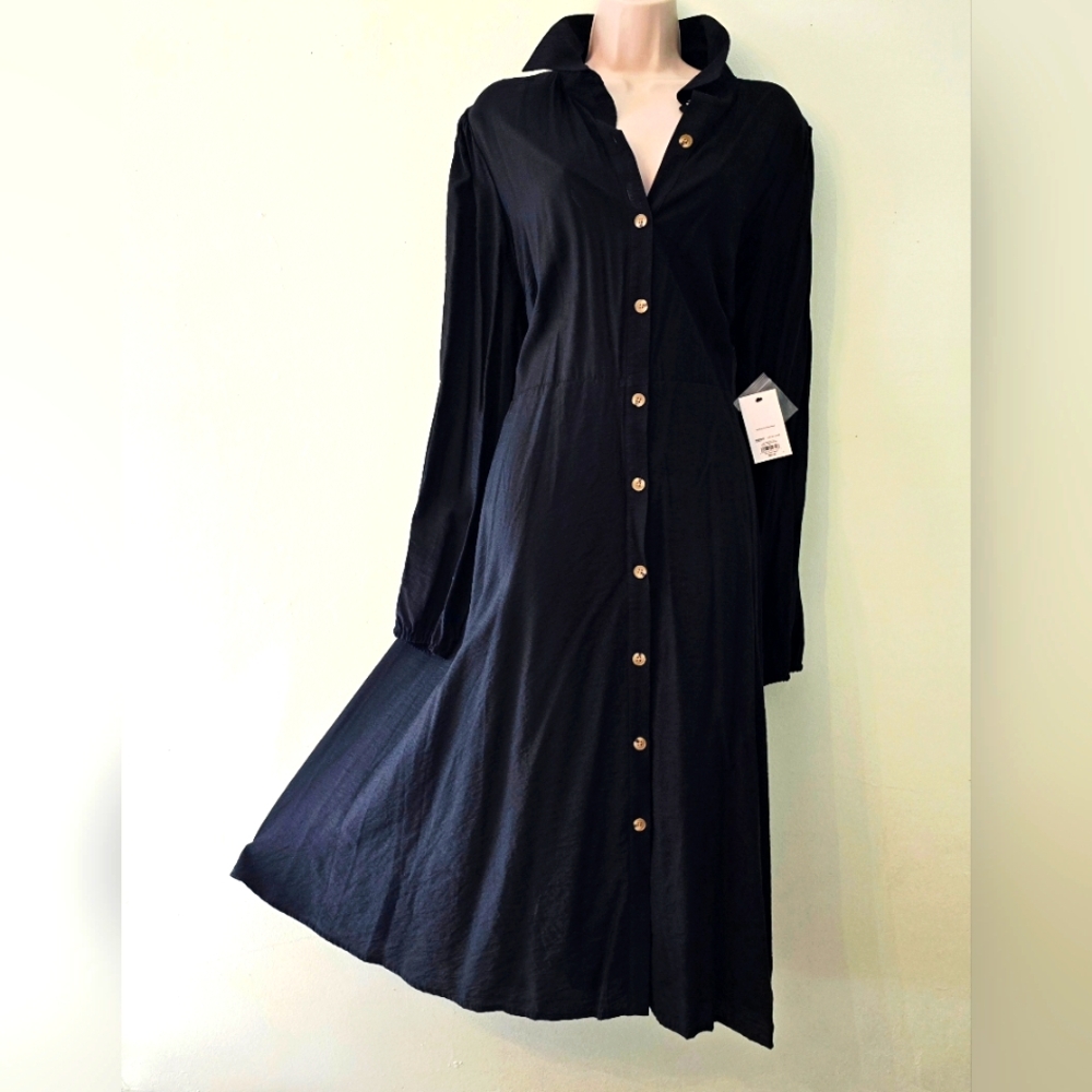 NWT Nine West Black Button Down Dress With Sleeves Size XXL